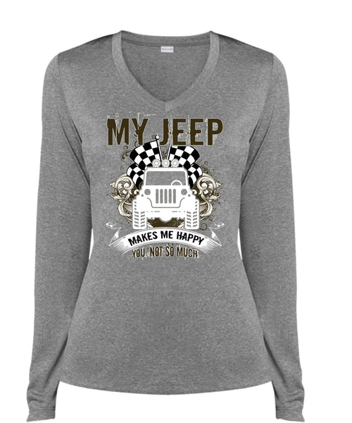 My Jeep Makes Me Happy T Shirt, Being A Driver T Shirt, Cool Shirt (Ladies LS Heather V-Neck)