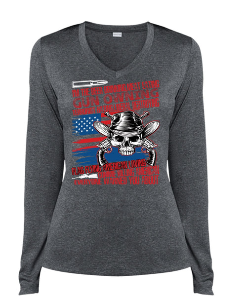 Meat Eating Gun Owning T Shirt, Flag Flying T Shirt, Cool Shirt (Ladies LS Heather V-Neck)