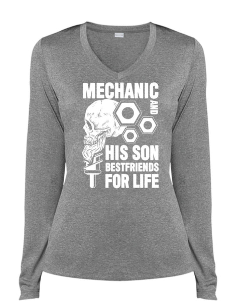 Mechanic And His Son Best Friend T Shirt, Being A Mechanic T Shirt, Cool Shirt (Ladies LS Heather V-Neck)