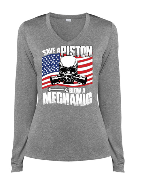 Save A Piston Blow A Mechanic T Shirt, I Love Mechanic T Shirt, Cool Shirt (Ladies LS Heather V-Neck)