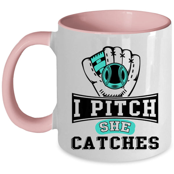 Awesome Softball Player Coffee Mug, I Pitch She Catches Accent Mug