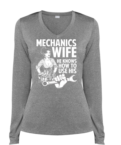 Mechanic's Wife T Shirt, He Knows How To Use His T Shirt, Cool Shirt (Ladies LS Heather V-Neck)