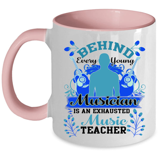 Exhausted Music Teacher Coffee Mug, Behind Every Young Musician Accent Mug