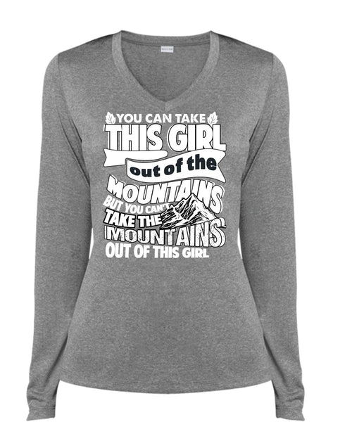 Mountains Out Of This Girl T Shirt, Being A Hiker T Shirt, Cool Shirt (Ladies LS Heather V-Neck)