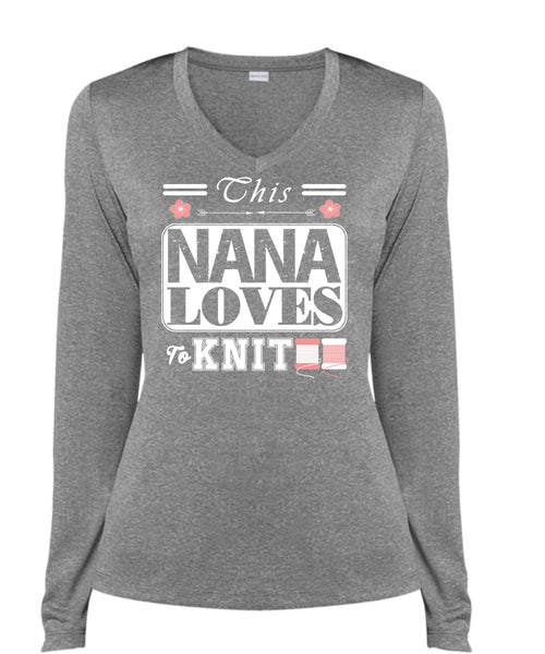 This Nana Loves To Knit T Shirt, Mother's Day T Shirt, Favorite T Shirt (Ladies LS Heather V-Neck)
