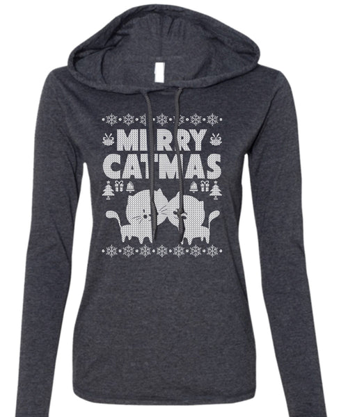 Merry Catmas T Shirt, Funny Winter T Shirt (Anvil Ladies Ringspun Hooded)
