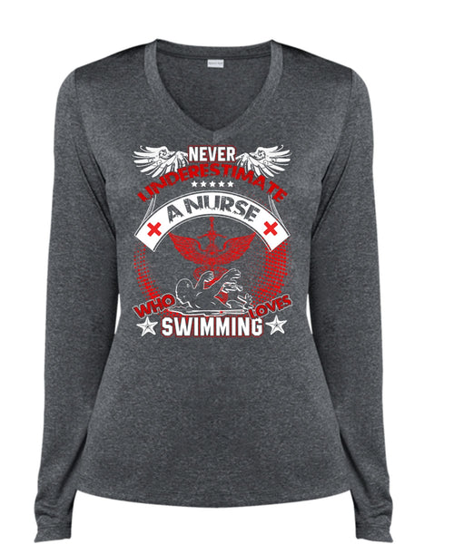 Nurse Who Loves Swimming T Shirt, Being A Swimmer T Shirt, Cool Shirt (Ladies LS Heather V-Neck)