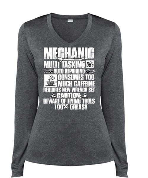 Mechanic Multitasking T Shirt, Much Caffeine T Shirt, Cool Shirt (Ladies LS Heather V-Neck)