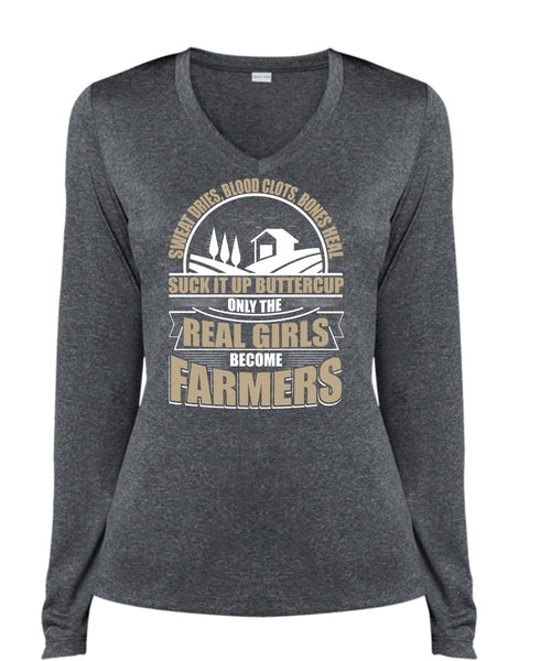 Real Girls Become Farmers T Shirt, Sweat Dries T Shirt, Cool Shirt (Ladies LS Heather V-Neck)