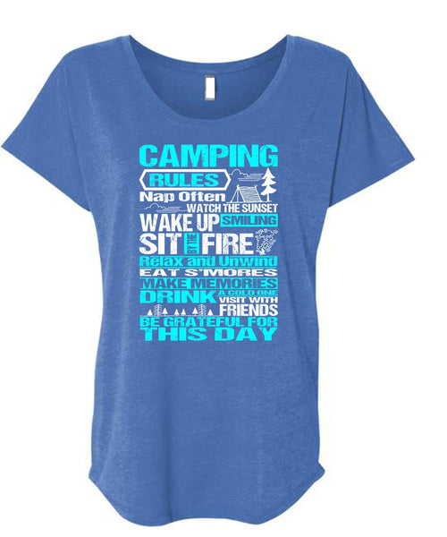 Camping Rules Nap Often T Shirt, Wake Up Smiling T Shirt, Cool Shirt (Ladies' Triblend Dolman Sleeve)