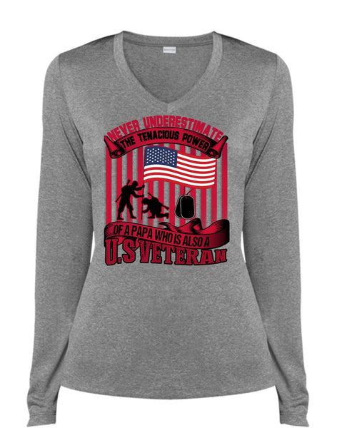 Papa Who Is Also A US Veteran T Shirt, Being A Veteran T Shirt, Cool Shirt (Ladies LS Heather V-Neck)