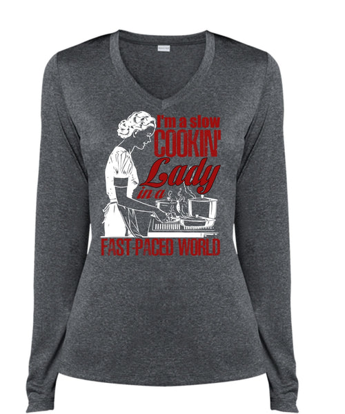 I'm A Slow Cooking Lady T Shirt, Being A Cooker T Shirt, Cool Shirt (Ladies LS Heather V-Neck)