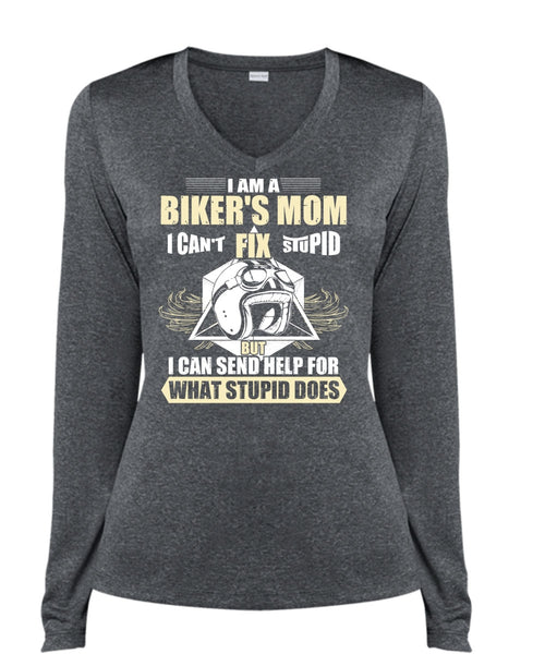 I Am A Biker's Mom T Shirt, Fix Stupid T Shirt, Cool Shirt (Ladies LS Heather V-Neck)