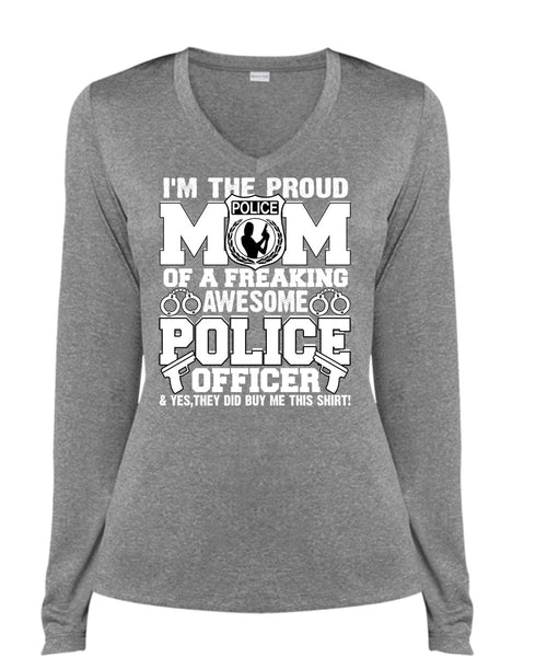 I'm The Proud Police Mom T Shirt, I Love Police T Shirt, Cool Shirt (Ladies LS Heather V-Neck)