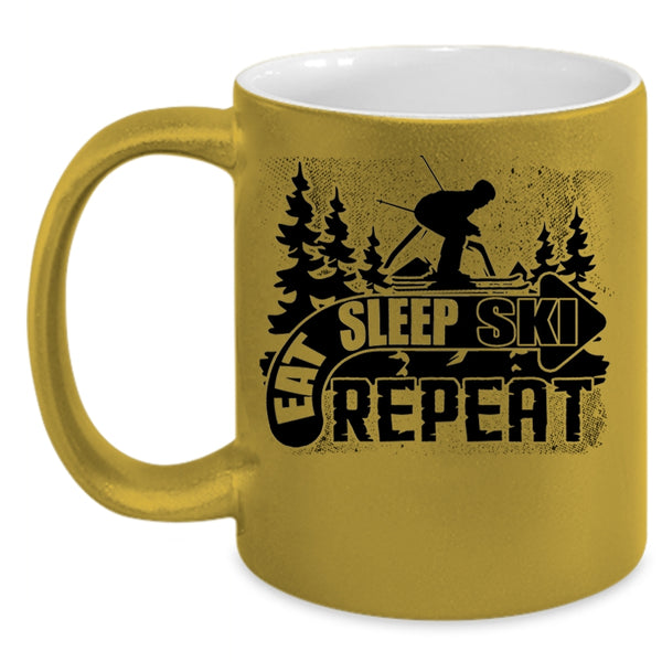 Outdoor Activity Coffee Mug, Eat Sleep Ski Repeat Accent Mug