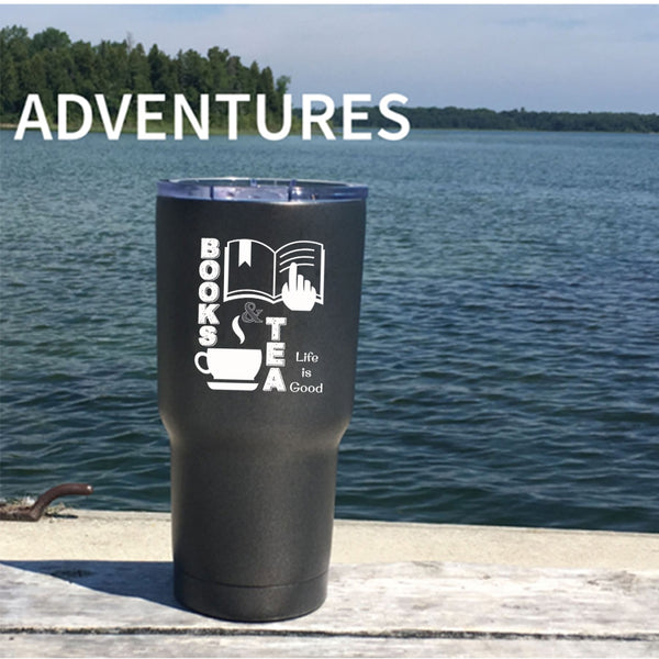 Books And Tea Tumbler 30 oz Stainless Steel, Life Is Good Travel Mug