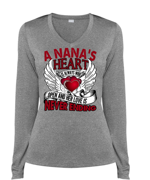 A Nana's Heart Is Always Wide T Shirt, Being A Nana T Shirt, Cool Shirt (Ladies LS Heather V-Neck)