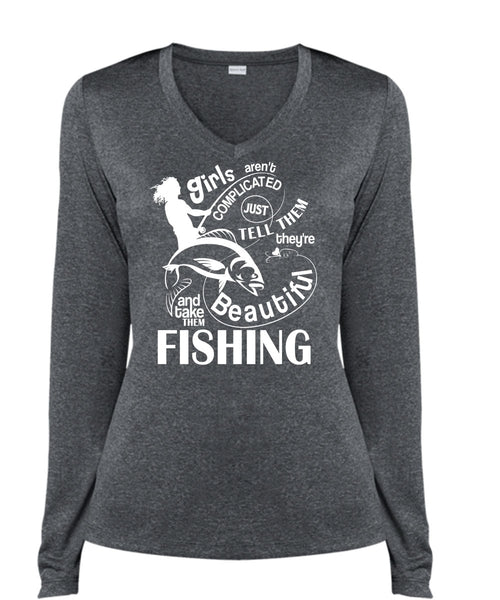 Take Them Beautiful Fishing T Shirt, Girls Aren't Complicated T Shirt, Cool Shirt (Ladies LS Heather V-Neck)