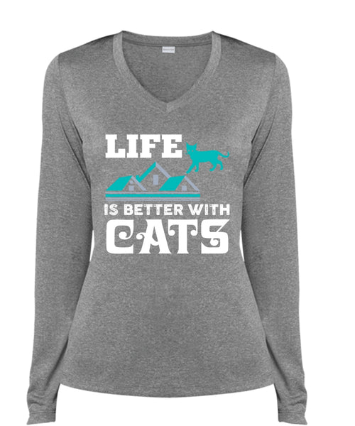 Life Is Better With Cats T Shirt, Cool Pets T Shirt, Home T Shirt (Ladies LS Heather V-Neck)