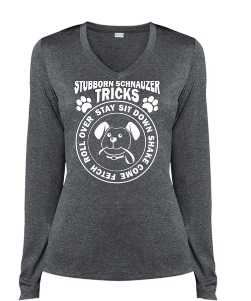 Stubborn Schnauzer Tricks T Shirt, Pets T Shirt, I Love Dog T Shirt (Ladies LS Heather V-Neck)