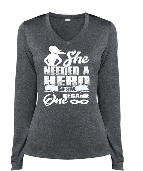 She Became One T Shirt, Being A Lady T Shirt, Cool Shirt (Ladies LS Heather V-Neck)