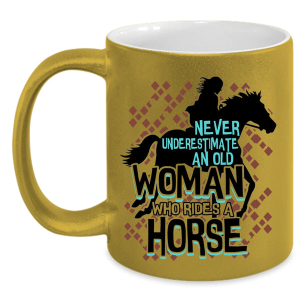 Cute Old Equestrian Coffee Mug, An Old Woman Rides A Horse Accent Mug