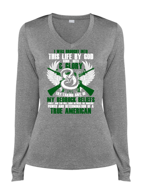 God Guns T Shirt, True American T Shirt, Cool Shirt (Ladies LS Heather V-Neck)