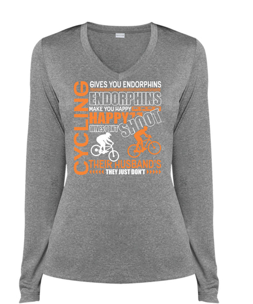 Cycling Gives You Endorphins T Shirt, Make You Happy T Shirt, Cool Shirt (Ladies LS Heather V-Neck)