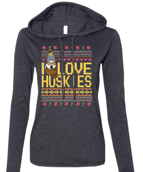 I Love Huskies T Shirt, This Girl Loves Christmas T Shirt (Anvil Ladies Ringspun Hooded)