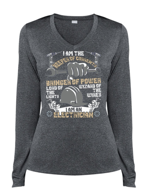 I Am An Electrician T Shirt, Keeper Of Currents T Shirt, Cool Shirt (Ladies LS Heather V-Neck)
