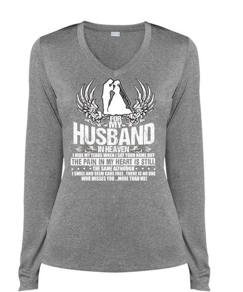 For My Husband In Heaven T Shirt, My Heart T Shirt, Cool Shirt (Ladies LS Heather V-Neck)