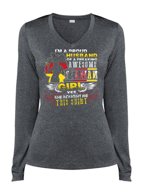 I'm A Proud Husband T Shirt, German Girl T Shirt, Cool Shirt (Ladies LS Heather V-Neck)
