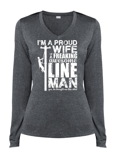 I'm A Proud Wife T Shirt, Awesome Lineman T Shirt, Cool Shirt (Ladies LS Heather V-Neck)