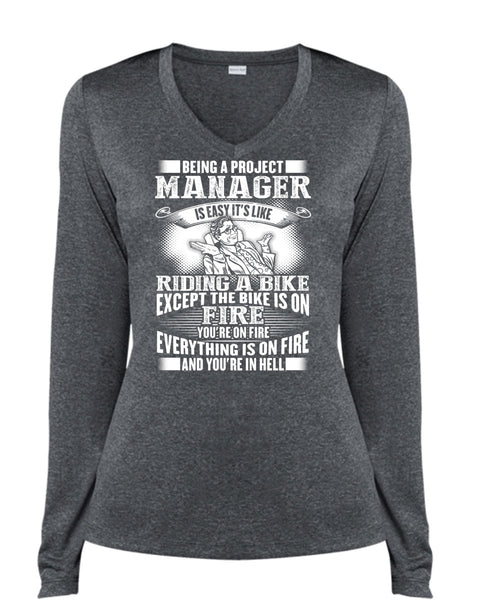 Being A Project Manager T Shirt, Riding A Bike T Shirt, Cool Shirt (Ladies LS Heather V-Neck)