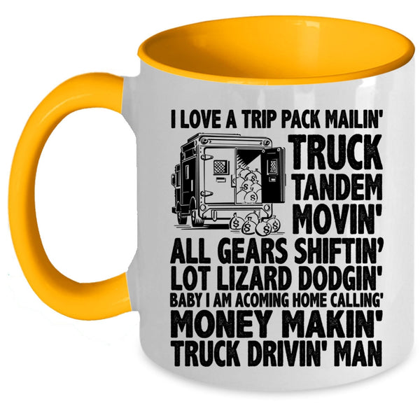 Truck Driving Man Coffee Mug, I Love A Trip Pack Mailing Truck Tandem Accent Mug