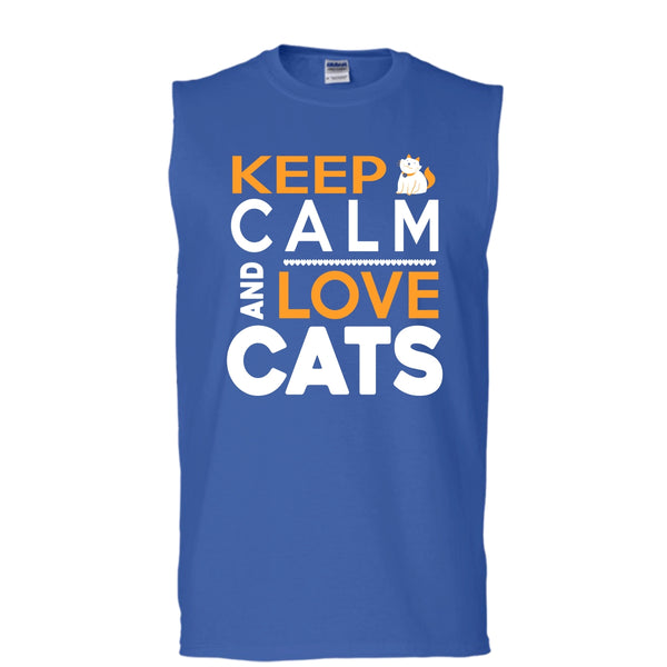Keep Calm And Love Cat Shirt, Cool Cat Shirt (Men's Cotton Sleeveless)