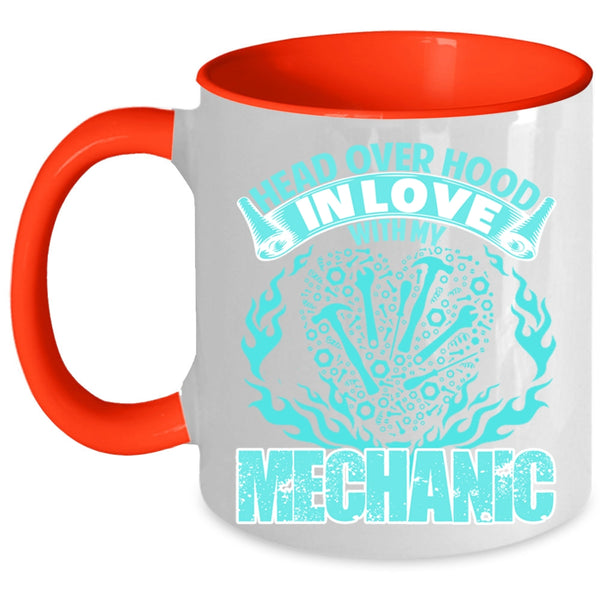 Cute Mechanic Coffee Mug, Head Over Hood In Love With My Mechanic Accent Mug