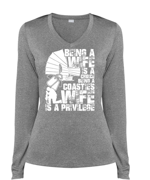 Being A Wife T Shirt, Coasties Wife T Shirt, Cool Shirt (Ladies LS Heather V-Neck)