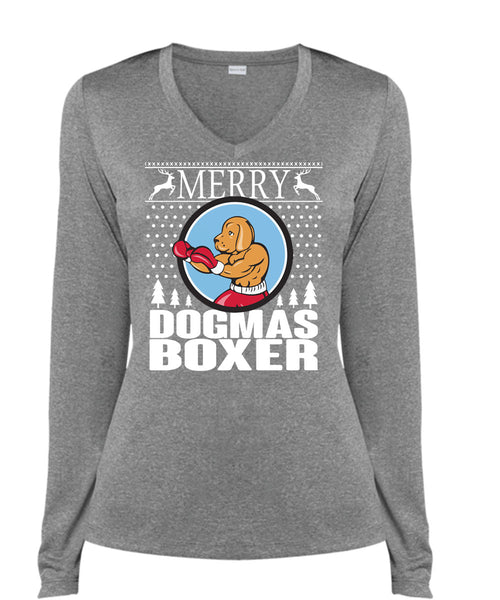 Merry Dogmas Boxer T Shirt, This Girl Loves Christmas T Shirt, Cool Shirt (Ladies LS Heather V-Neck)