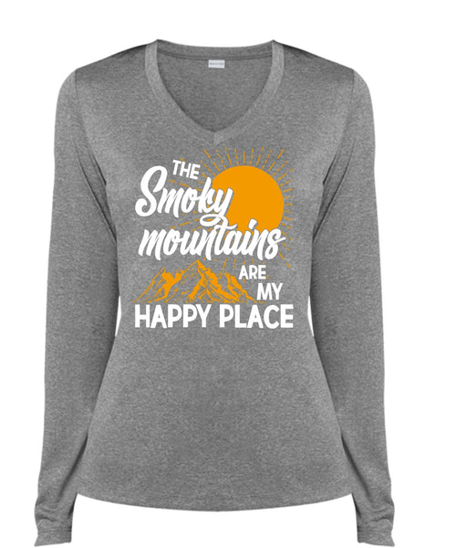 The Smoky Mountains Are My Happy Place T Shirt, My Favorite T Shirt, Cool Shirt (Ladies LS Heather V-Neck)