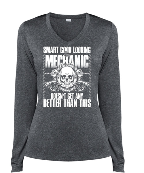 Smart Good Looking Mechanic T Shirt, Being A Mechanic T Shirt, Cool Shirt (Ladies LS Heather V-Neck)