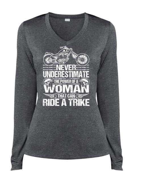 Ride A Trike T Shirt, The Power Of A Woman T Shirt, Cool Shirt (Ladies LS Heather V-Neck)