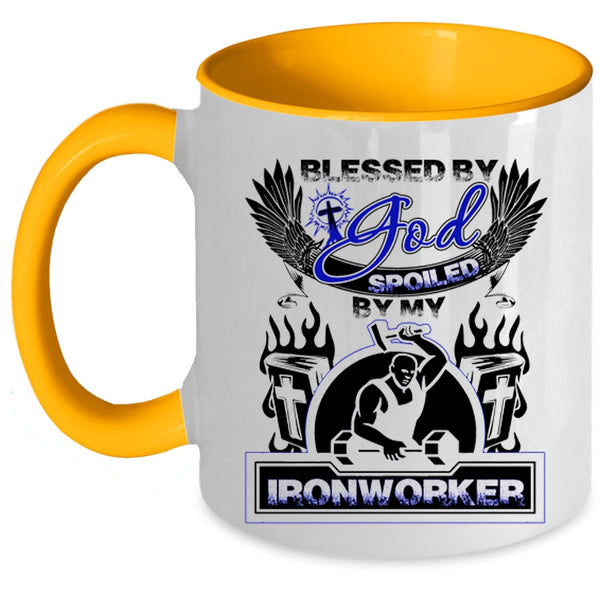 Spoiled By My Ironworker Coffee Mug, Blessed By God Accent Mug
