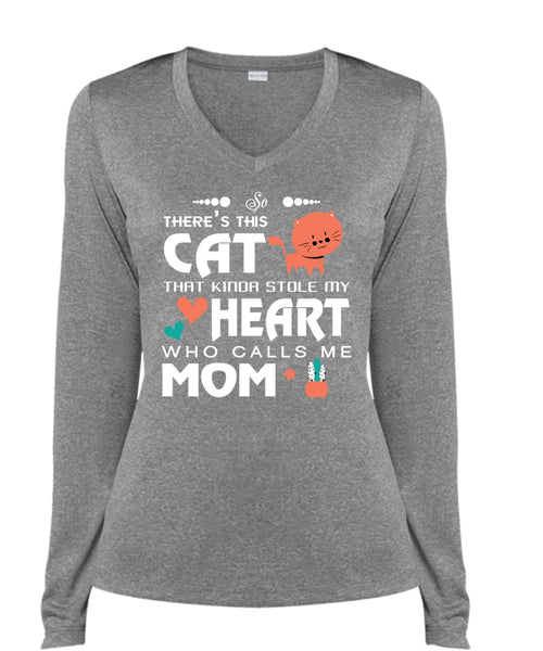 There's This Cat That Kinda Stole My Heart T Shirt, Calls Me Mom T Shirt (Ladies LS Heather V-Neck)