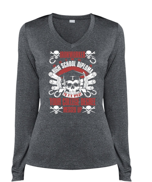 Ironworker Using A High School T Shirt, College Degree T Shirt, Cool Shirt (Ladies LS Heather V-Neck)