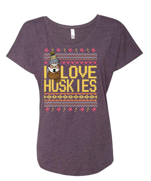 I Love Huskies T Shirt, This Girl Loves Christmas T Shirt, Cool Shirt (Ladies' Triblend Dolman Sleeve)