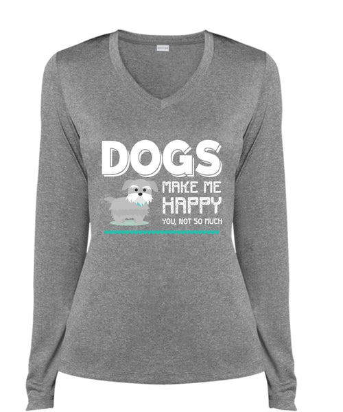 Dogs Make Me Happy You T Shirt, I Love My Dog T Shirt (Ladies LS Heather V-Neck)