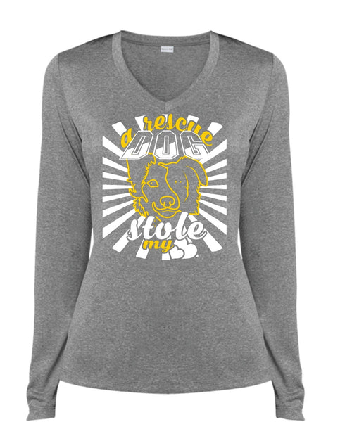 A Rescue Dog Stole My Heart T Shirt, Favorite T Shirt, I Love Dog T Shirt (Ladies LS Heather V-Neck)