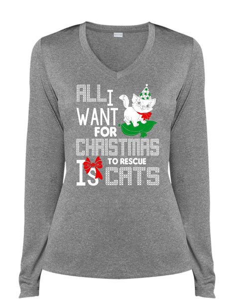 All I Want For Christmas To Rescue Is Cats T Shirt, Pet My Cat T Shirt, Cool Shirt (Ladies LS Heather V-Neck)