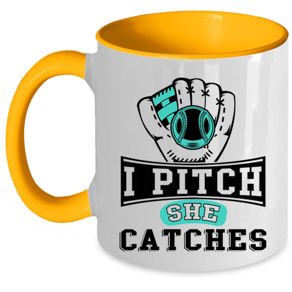Awesome Softball Player Coffee Mug, I Pitch She Catches Accent Mug
